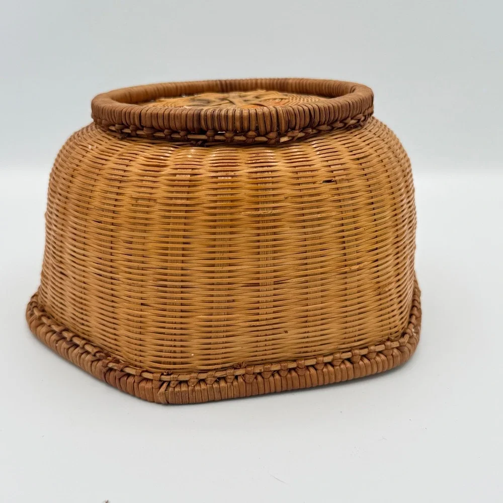 Vintage woven Wicker Basket Brown Boho Hexagonal Storage Decor Cottagecore